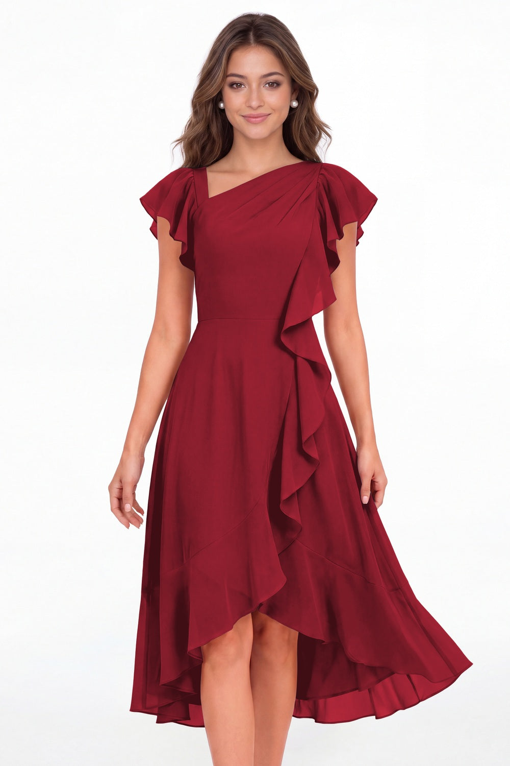 Wine Red Asymmetric Chiffon Ruffle Midi Dress - Front View