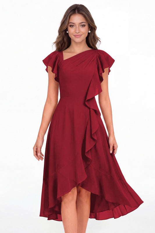 Wine Red Asymmetric Chiffon Ruffle Midi Dress - Front View