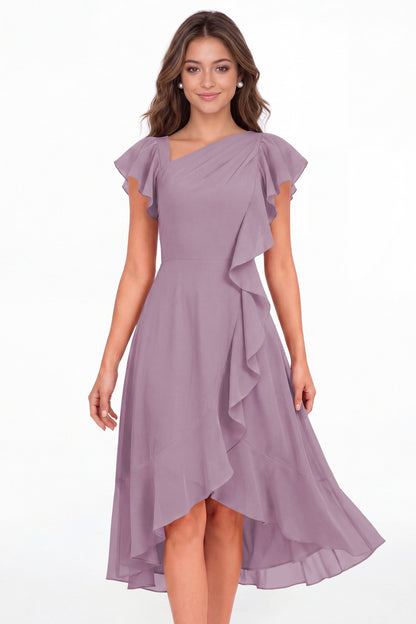 Wisteria Asymmetric Chiffon Ruffle Midi Dress - Front View