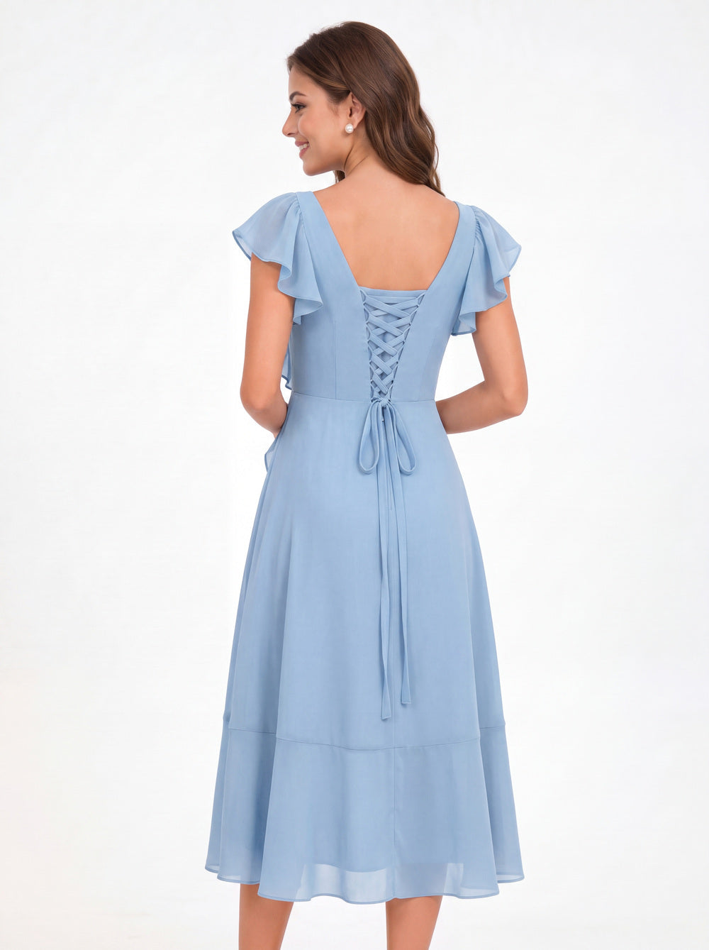 Asymmetric Chiffon Ruffle Midi Dress - Back View