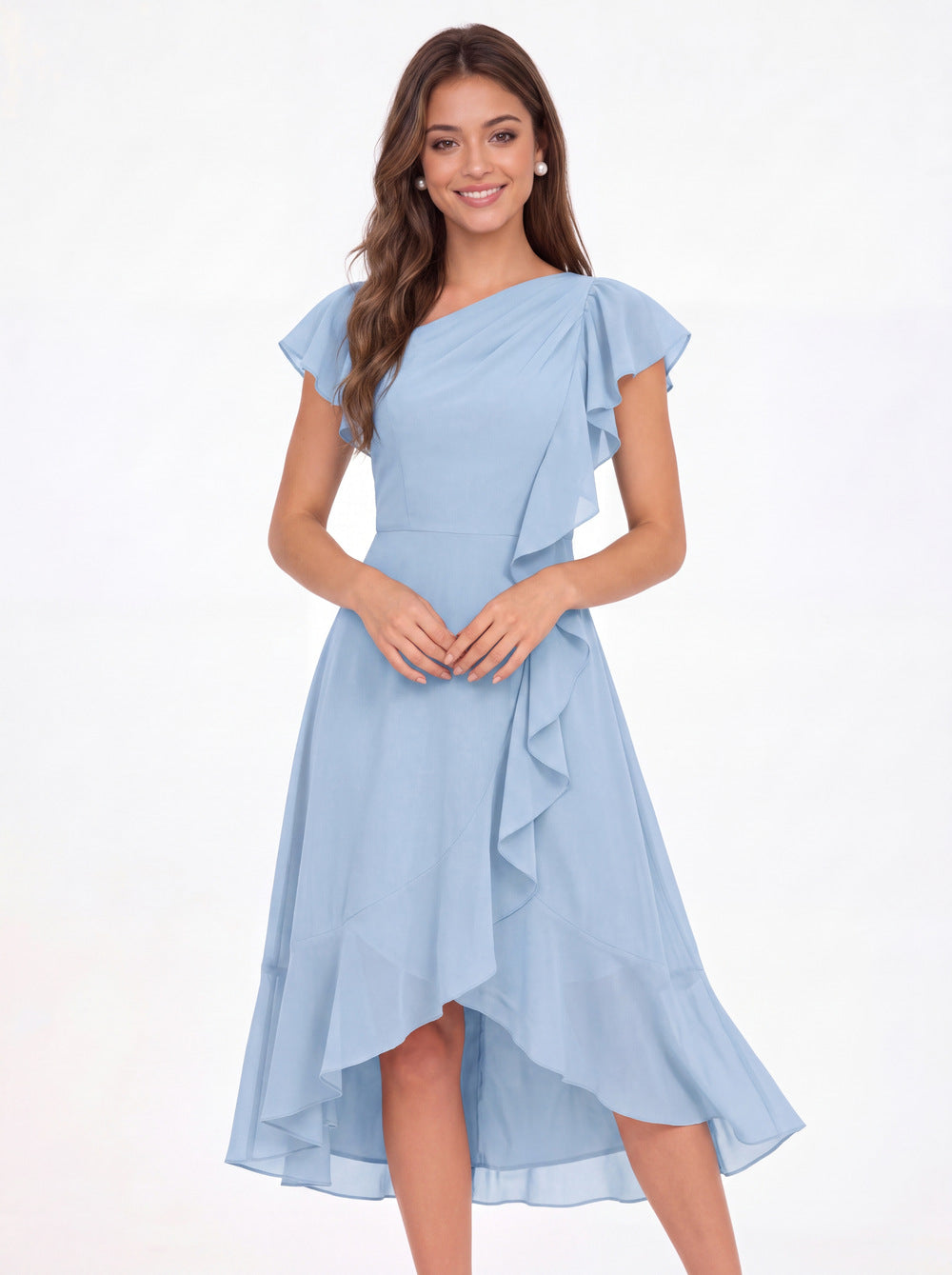 Asymmetric Chiffon Ruffle Midi Dress - Detail View 1