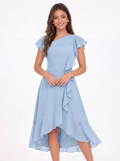 Asymmetric Chiffon Ruffle Midi Dress - Detail View 1