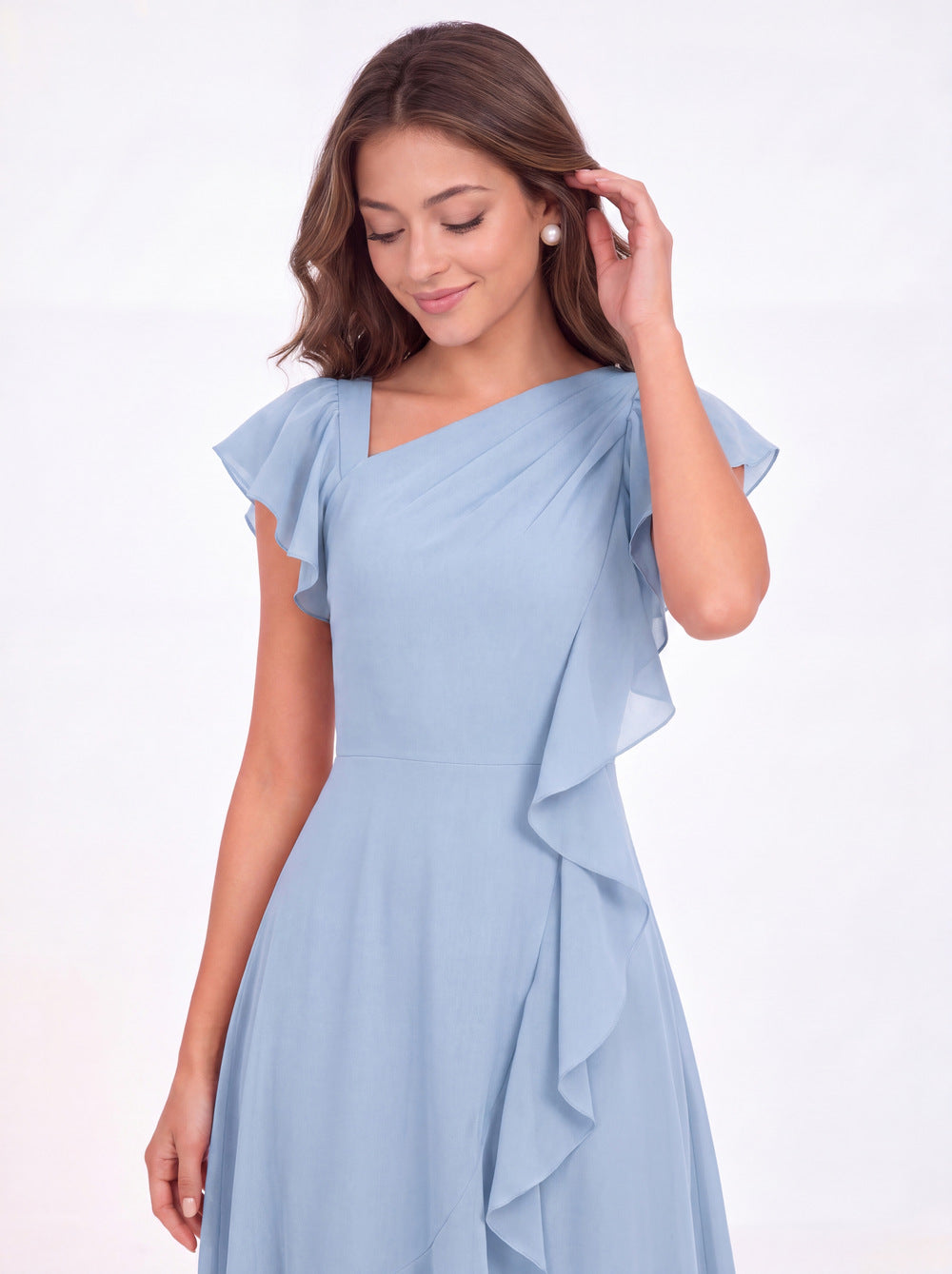 Asymmetric Chiffon Ruffle Midi Dress - Detail View 2