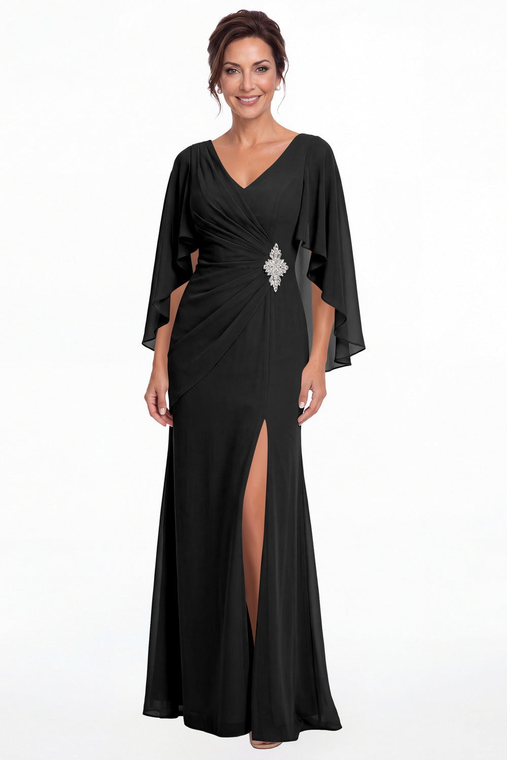 Black Cape Sleeve Ruched Chiffon Slit Maxi Gown - Front View