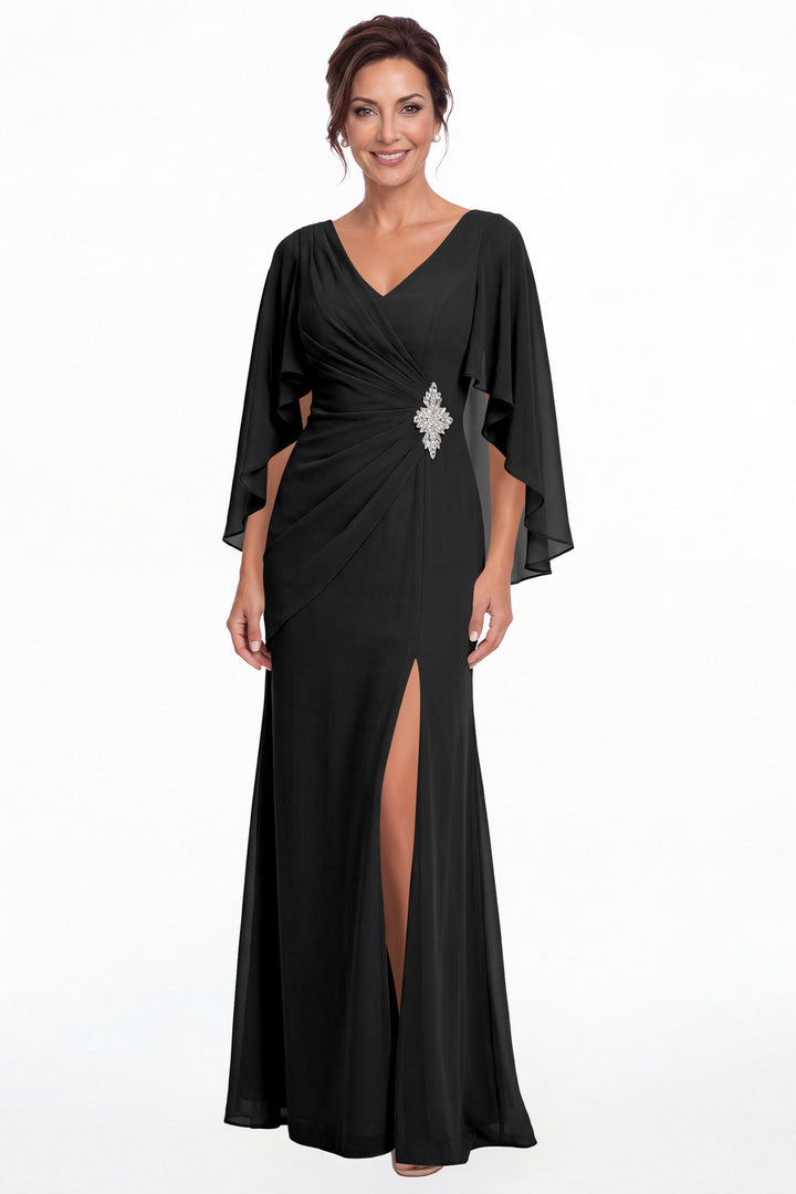 Black Cape Sleeve Ruched Chiffon Slit Maxi Gown - Front View