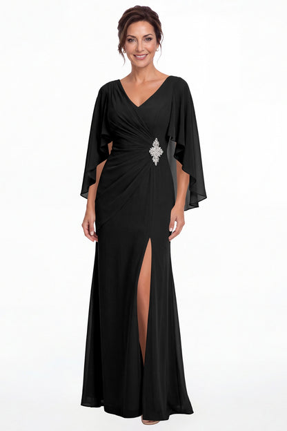 Black Cape Sleeve Ruched Chiffon Slit Maxi Gown - Front View
