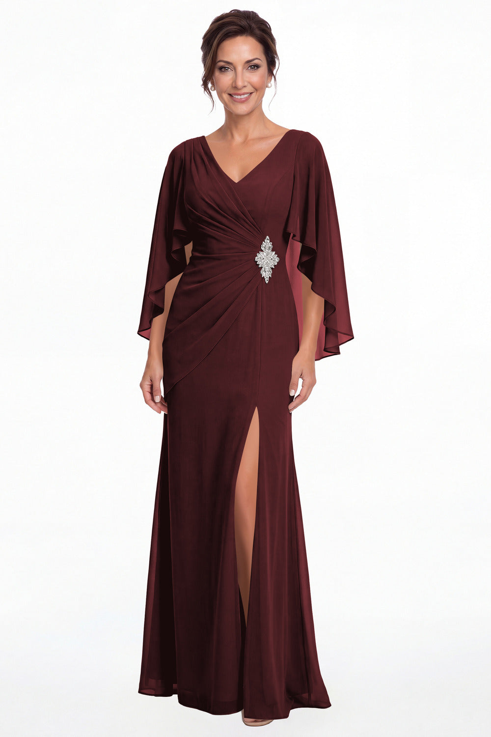 Burgundy Cape Sleeve Ruched Chiffon Slit Maxi Gown - Front View