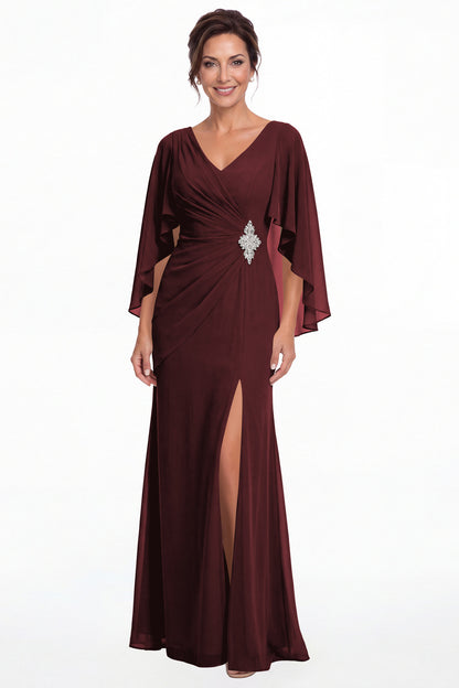 Burgundy Cape Sleeve Ruched Chiffon Slit Maxi Gown - Front View