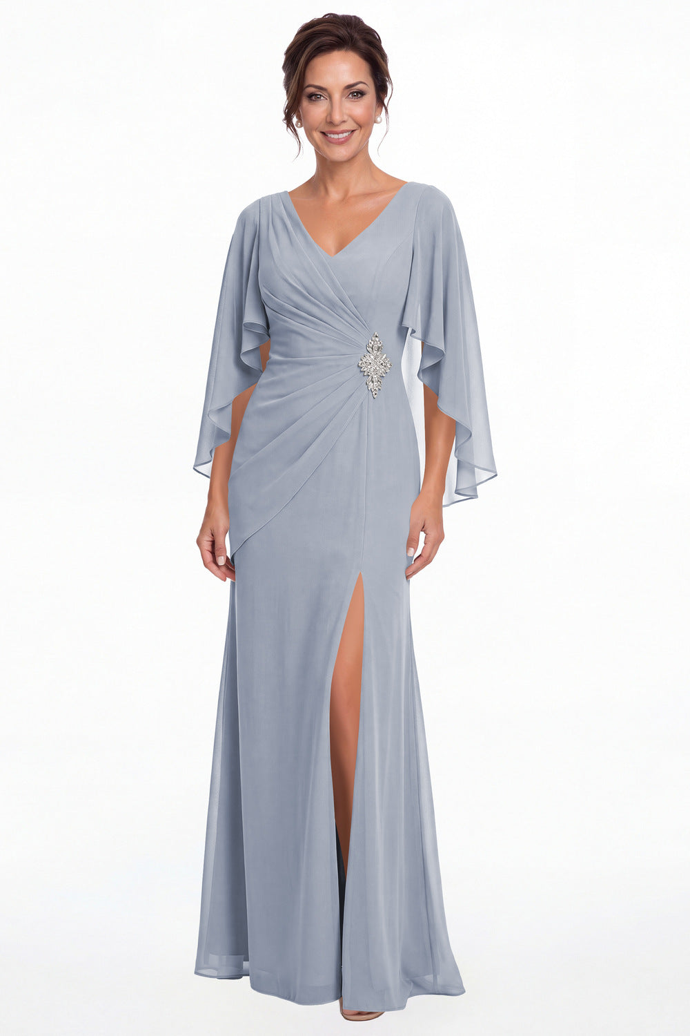 Dusty Blue Cape Sleeve Ruched Chiffon Slit Maxi Gown - Front View