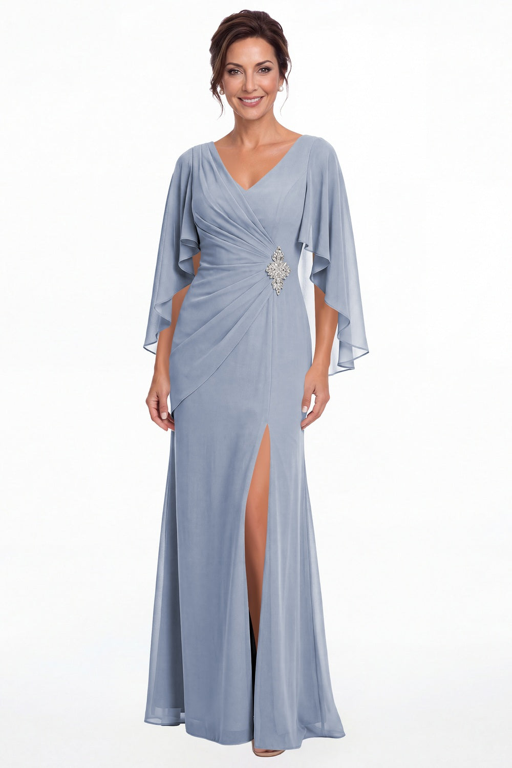 Dusty Blue Cape Sleeve Ruched Chiffon Slit Maxi Gown - Front View