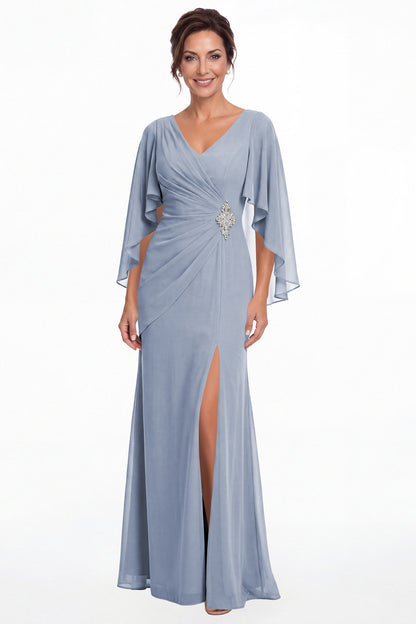 Dusty Blue Cape Sleeve Ruched Chiffon Slit Maxi Gown - Front View