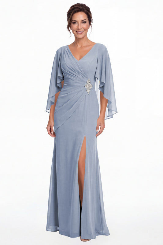 Dusty Blue Cape Sleeve Ruched Chiffon Slit Maxi Gown - Front View