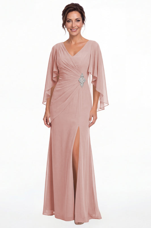 Dusty Rose Cape Sleeve Ruched Chiffon Slit Maxi Gown - Front View