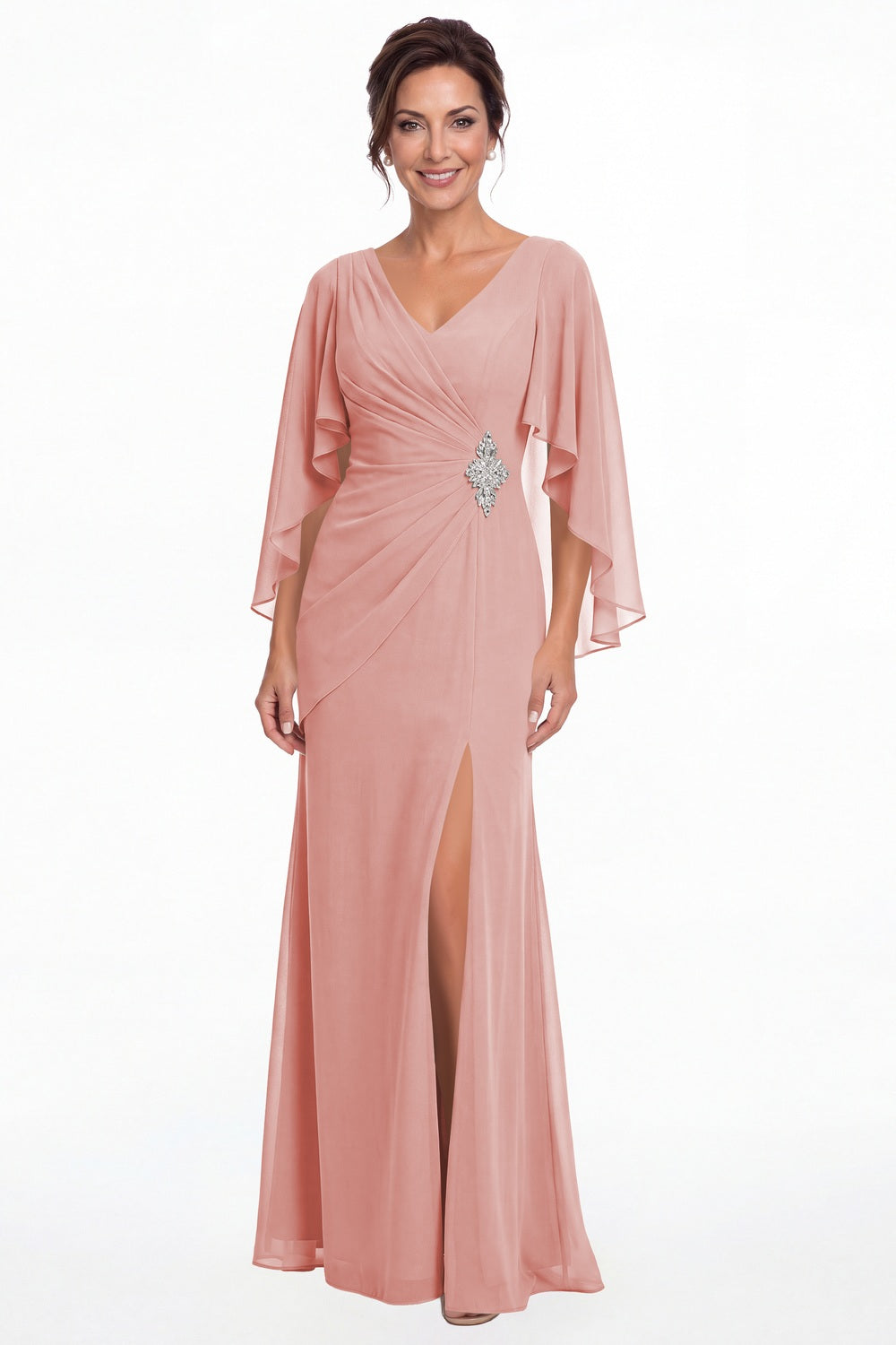 Dusty Rose Cape Sleeve Ruched Chiffon Slit Maxi Gown - Front View