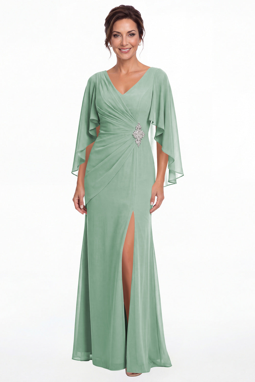 Eucalyptus Cape Sleeve Ruched Chiffon Slit Maxi Gown - Front View