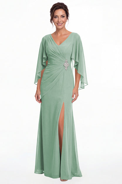 Eucalyptus Cape Sleeve Ruched Chiffon Slit Maxi Gown - Front View