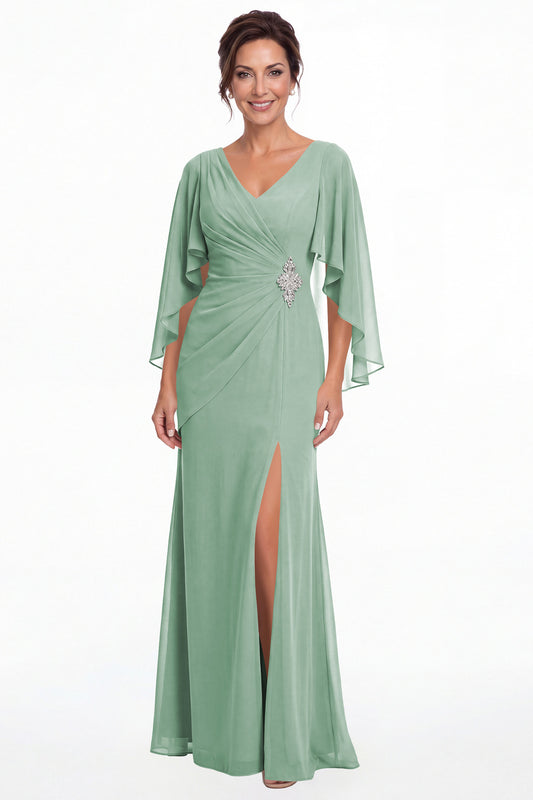 Eucalyptus Cape Sleeve Ruched Chiffon Slit Maxi Gown - Front View