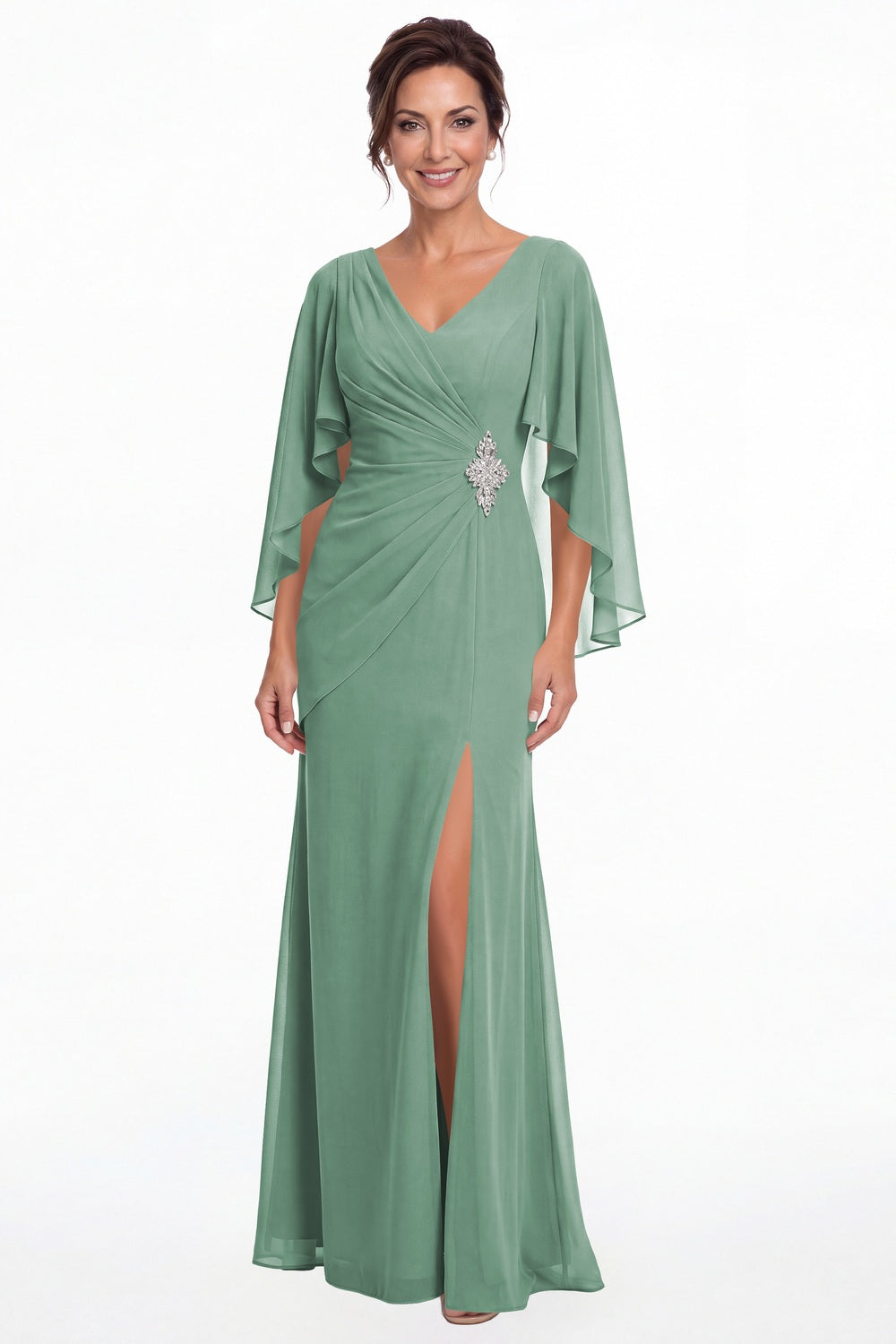 Eucalyptus Cape Sleeve Ruched Chiffon Slit Maxi Gown - Front View