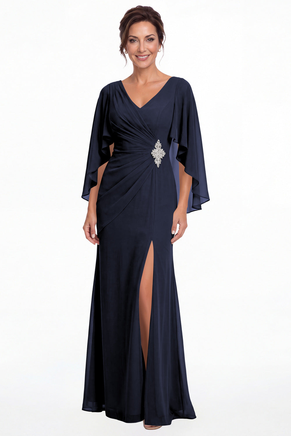 Navy Blue Cape Sleeve Ruched Chiffon Slit Maxi Gown - Front View