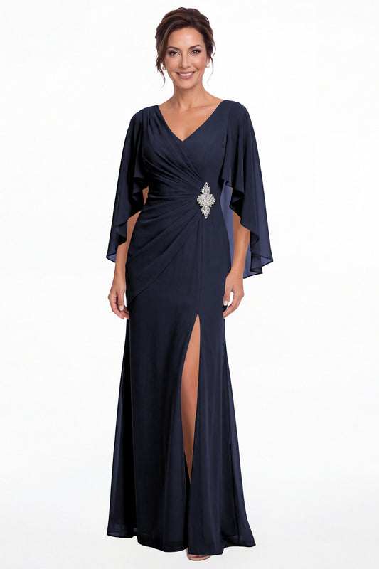 Navy Blue Cape Sleeve Ruched Chiffon Slit Maxi Gown - Front View