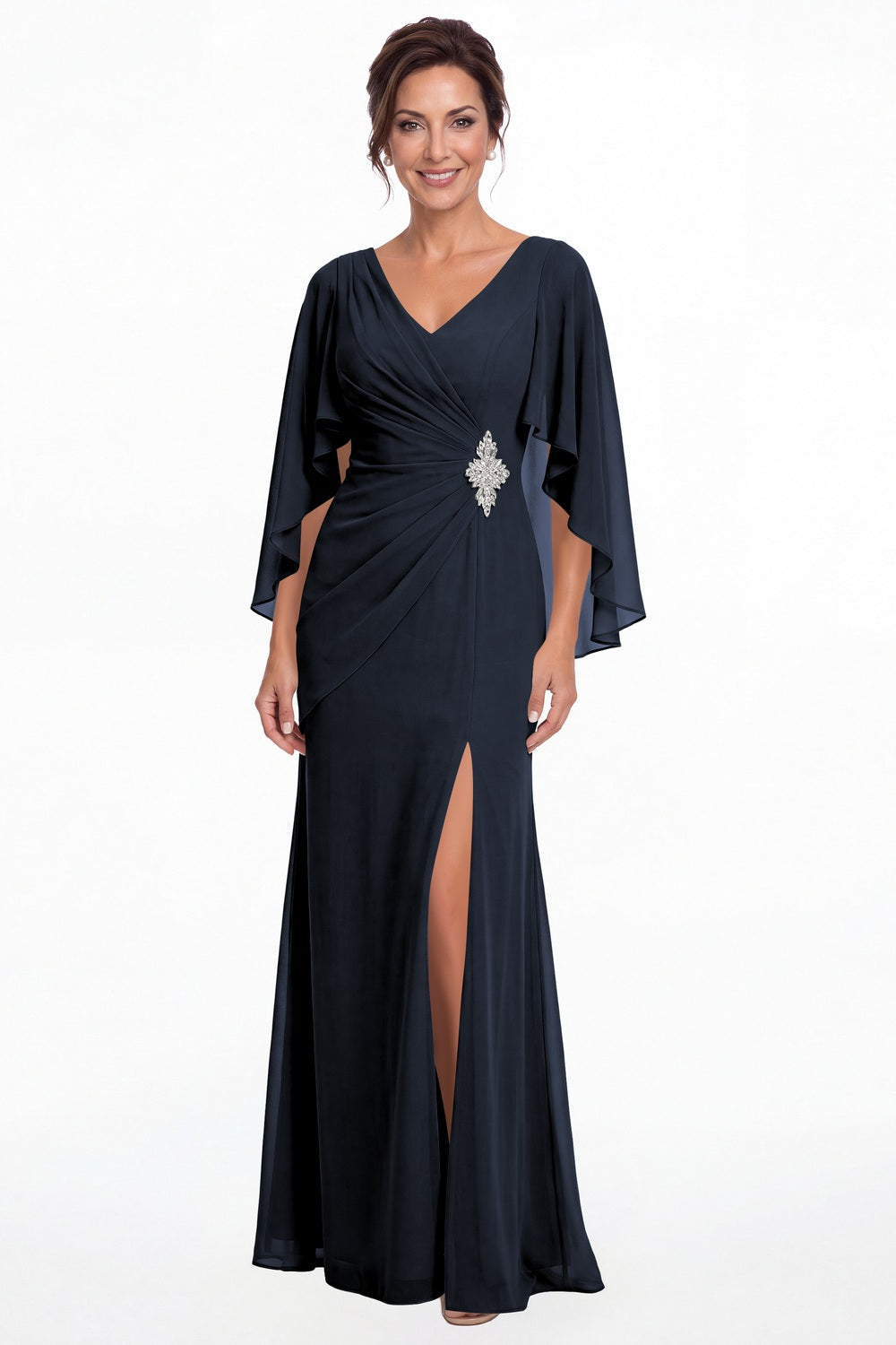 Navy Blue Cape Sleeve Ruched Chiffon Slit Maxi Gown - Front View