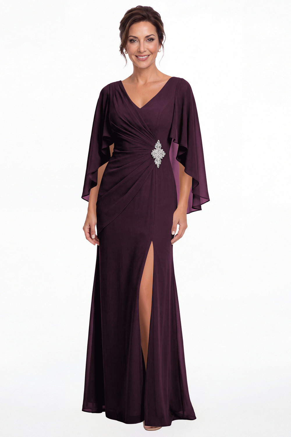 Plum Cape Sleeve Ruched Chiffon Slit Maxi Gown - Front View