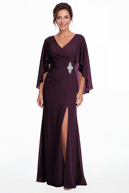 Plum Cape Sleeve Ruched Chiffon Slit Maxi Gown - Front View