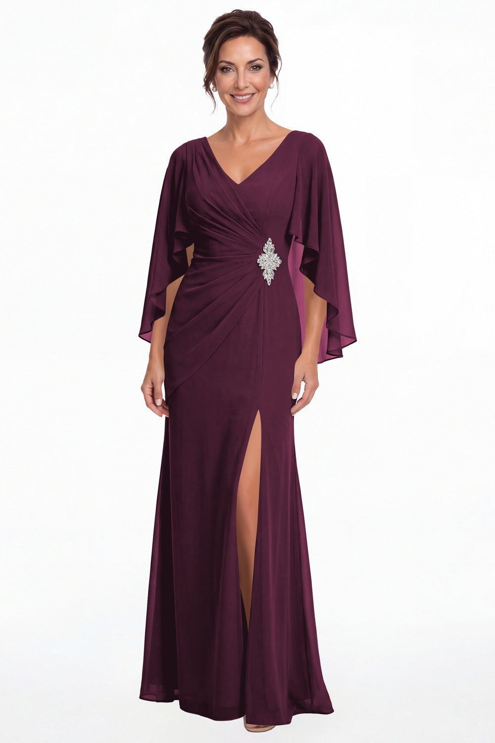 Plum Cape Sleeve Ruched Chiffon Slit Maxi Gown - Front View