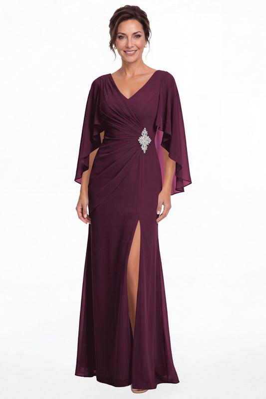 Plum Cape Sleeve Ruched Chiffon Slit Maxi Gown - Front View