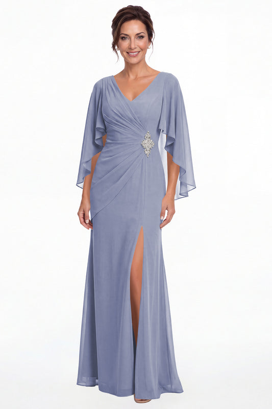 Steel Blue Cape Sleeve Ruched Chiffon Slit Maxi Gown - Front View