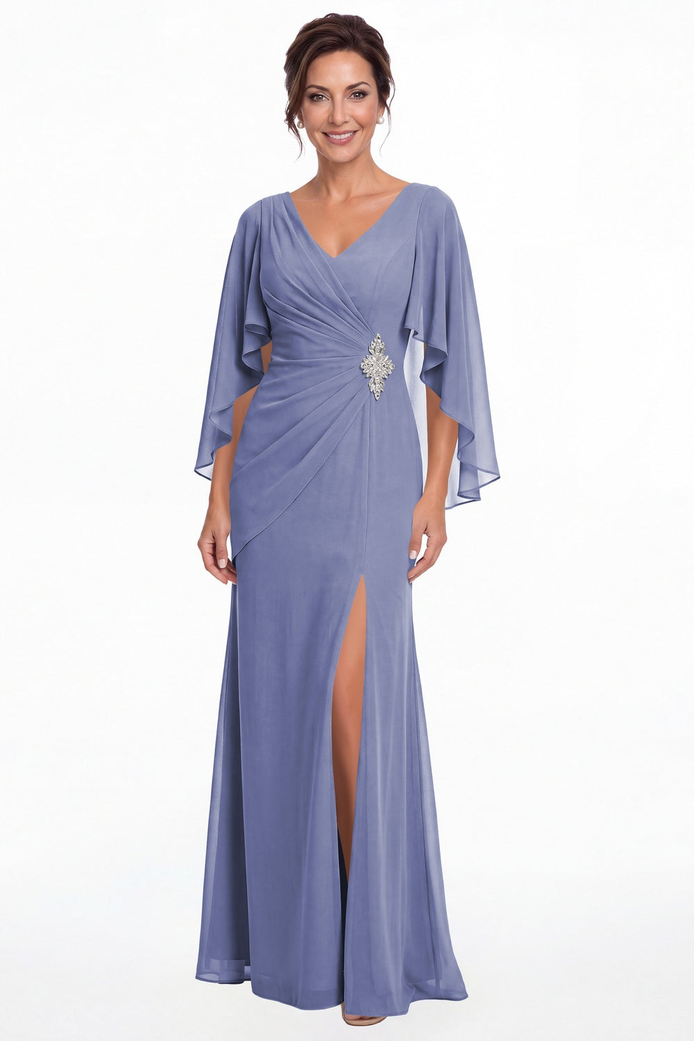 Steel Blue Cape Sleeve Ruched Chiffon Slit Maxi Gown - Front View