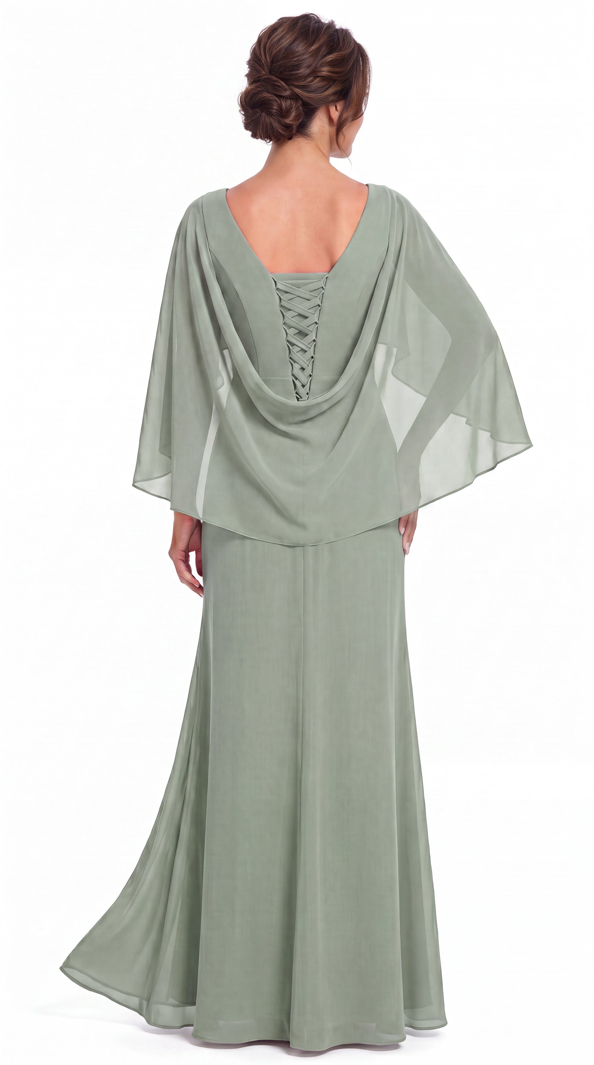 Cape Sleeve Ruched Chiffon Slit Maxi Gown - Back View