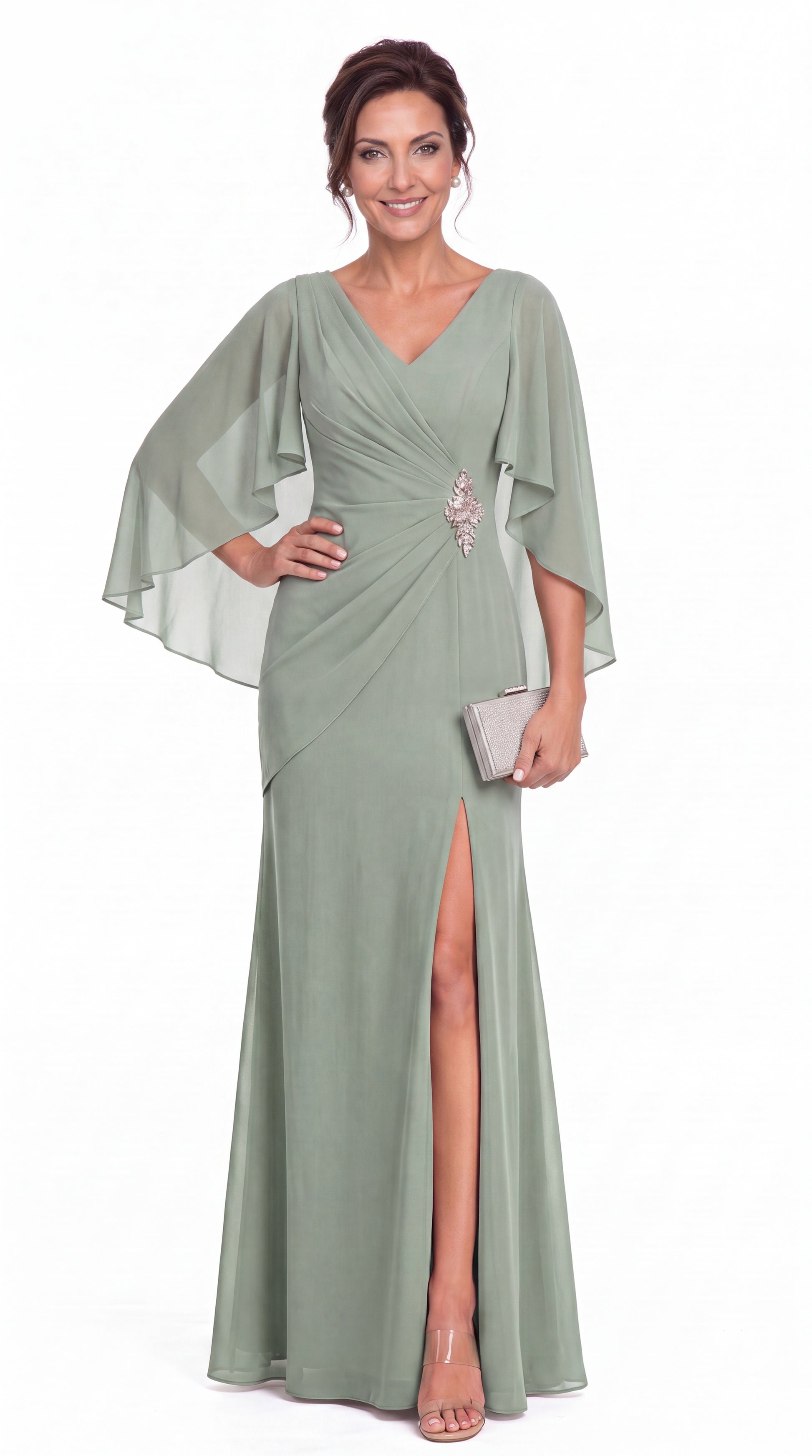 Cape Sleeve Ruched Chiffon Slit Maxi Gown - Detail View 1