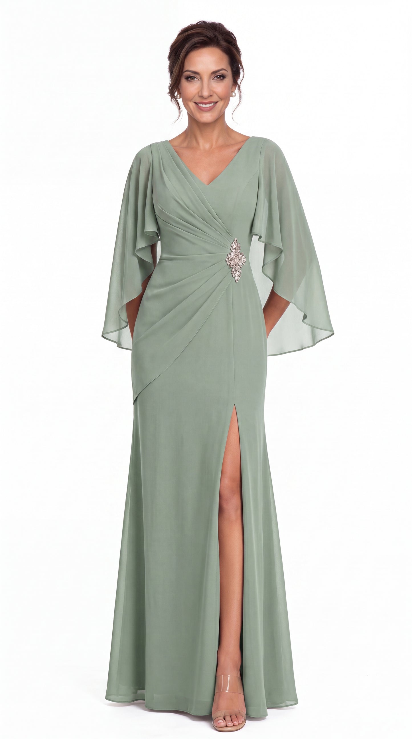 Cape Sleeve Ruched Chiffon Slit Maxi Gown - Detail View 2