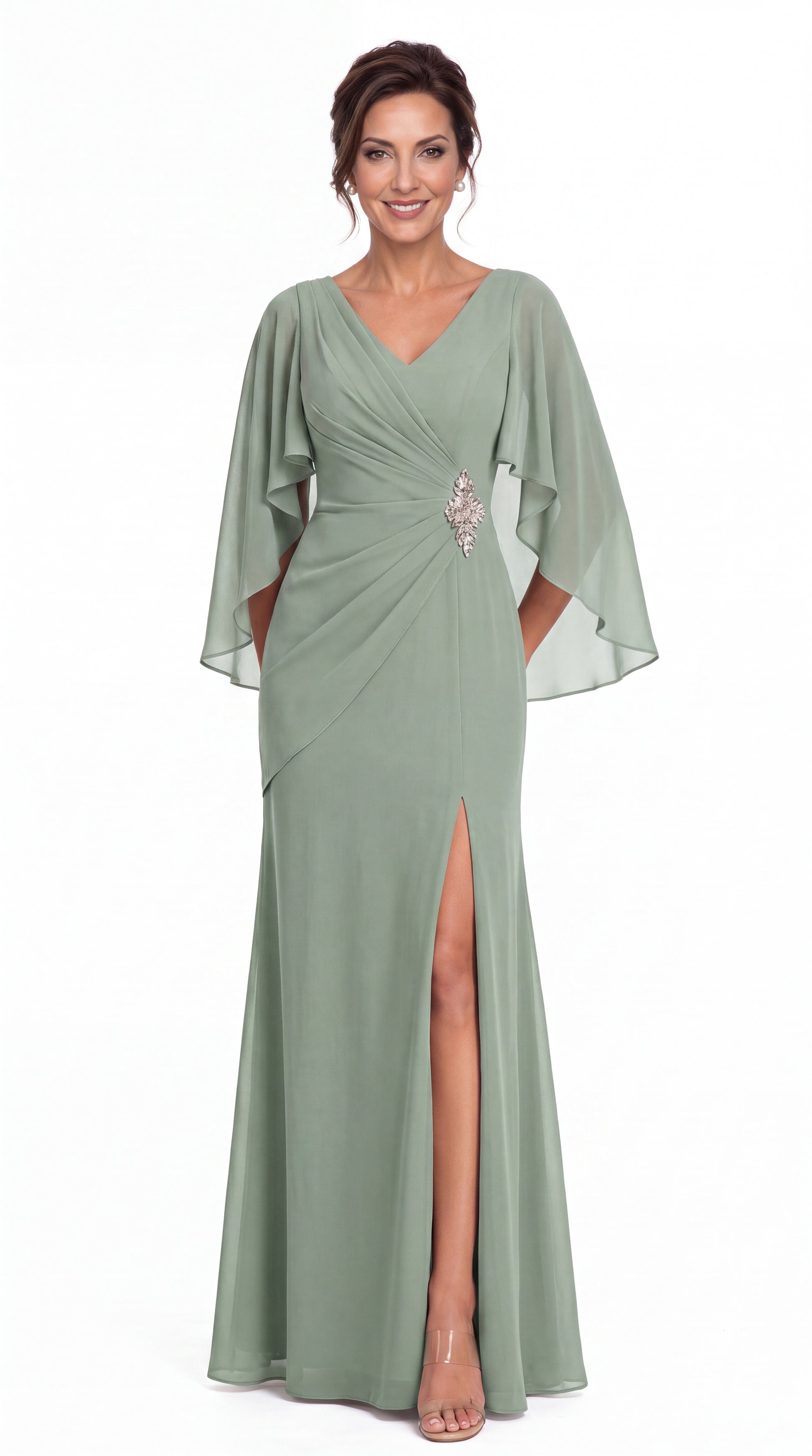 Cape Sleeve Ruched Chiffon Slit Maxi Gown - Detail View 2