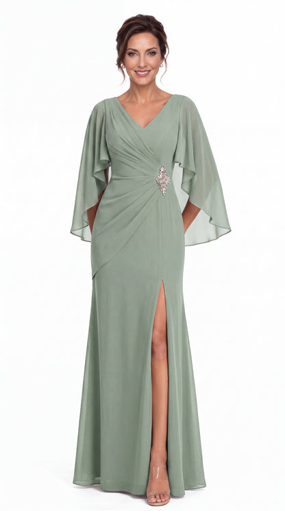 Cape Sleeve Ruched Chiffon Slit Maxi Gown - Detail View 2