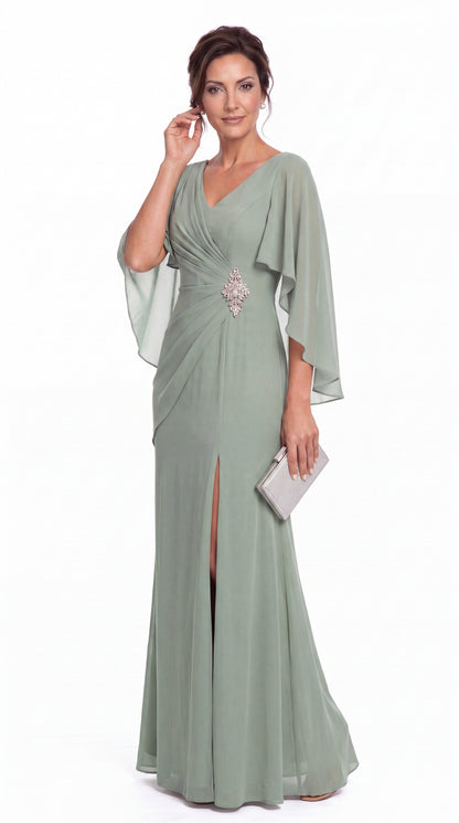 Cape Sleeve Ruched Chiffon Slit Maxi Gown - Detail View 3