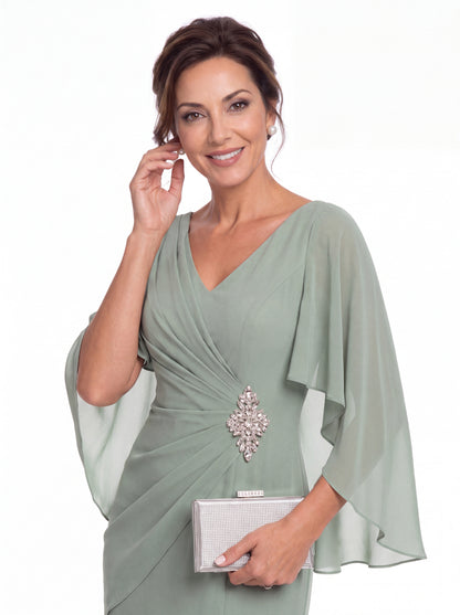 Cape Sleeve Ruched Chiffon Slit Maxi Gown - Detail View 4