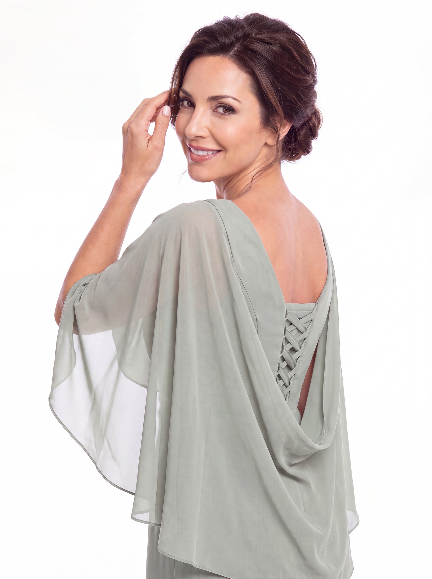 Cape Sleeve Ruched Chiffon Slit Maxi Gown - Detail View 5