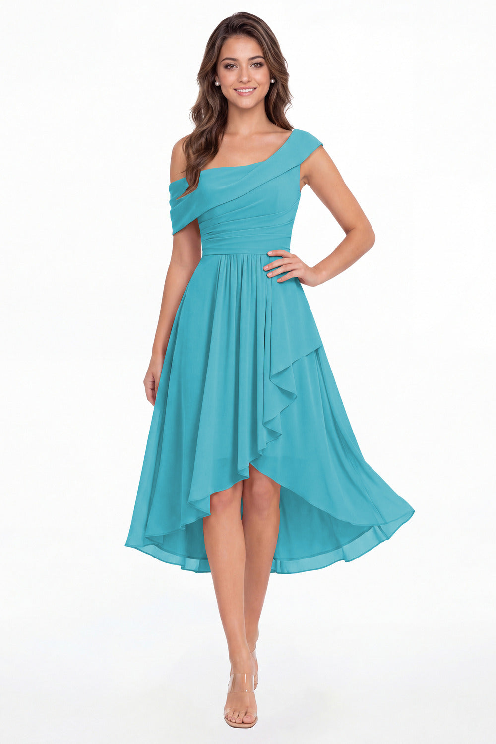 Aqua Blue One Shoulder Ruched Chiffon Midi Dress - Front View