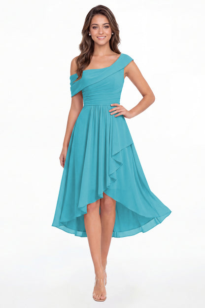 Aqua Blue One Shoulder Ruched Chiffon Midi Dress - Front View