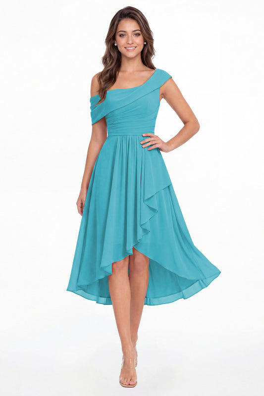 Aqua Blue One Shoulder Ruched Chiffon Midi Dress - Front View