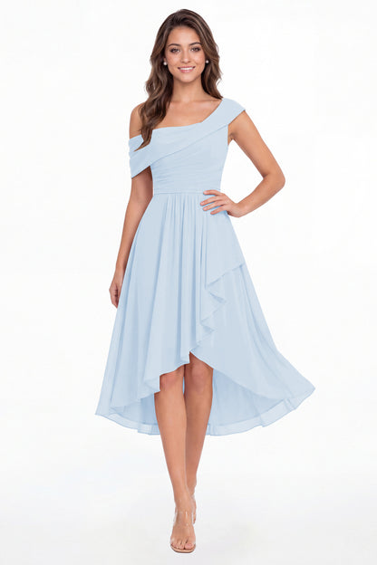 Baby Blue One Shoulder Ruched Chiffon Midi Dress - Front View