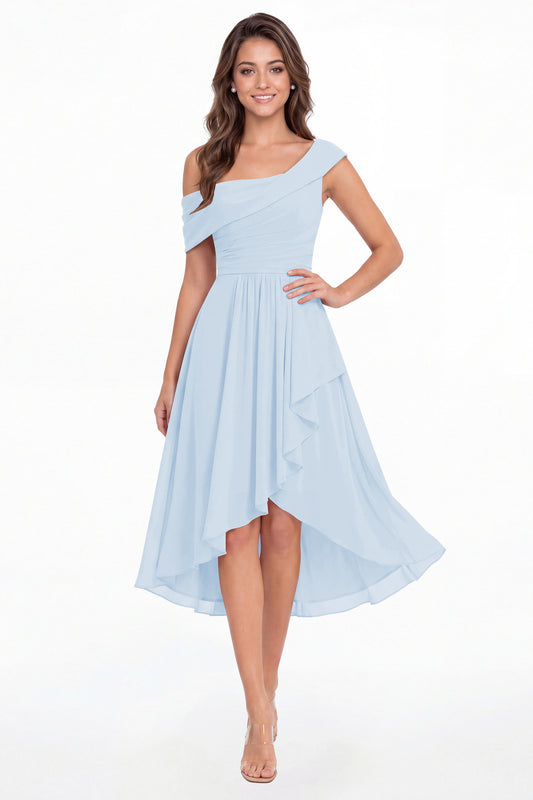 Baby Blue One Shoulder Ruched Chiffon Midi Dress - Front View
