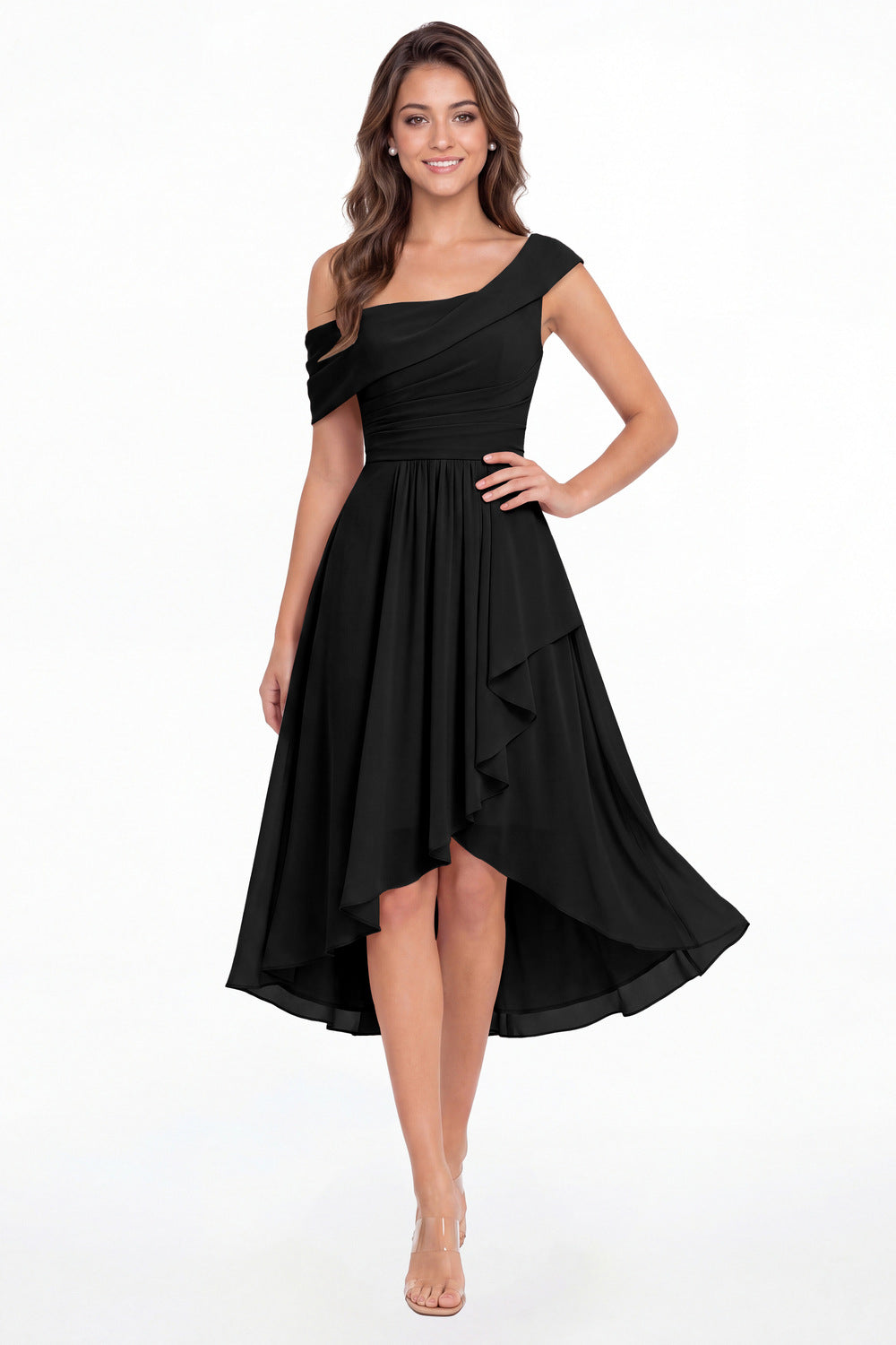 Black One Shoulder Ruched Chiffon Midi Dress - Front View