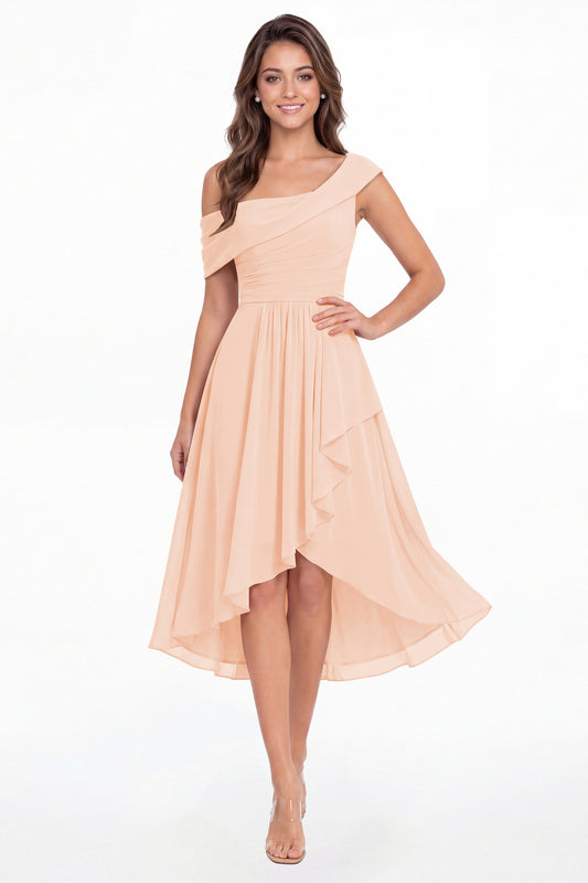 Blush Pink One Shoulder Ruched Chiffon Midi Dress - Front View