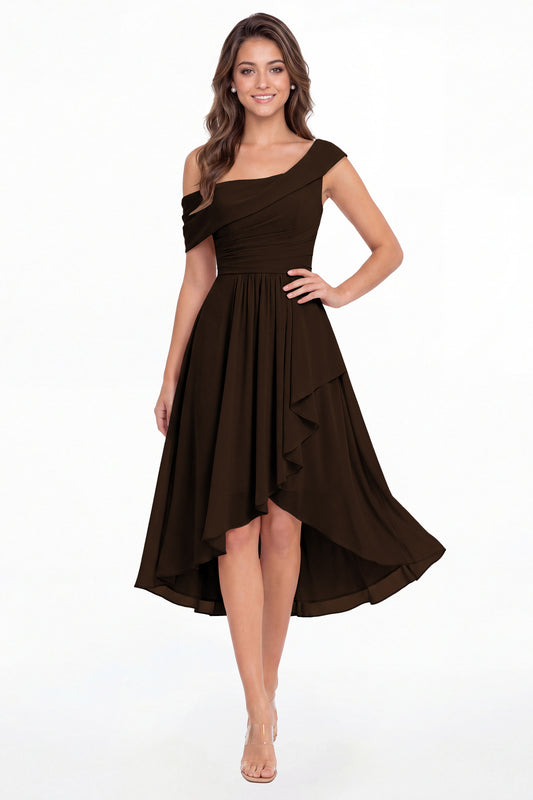 Brown One Shoulder Ruched Chiffon Midi Dress - Front View