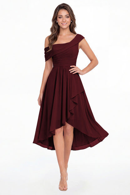 Burgundy One Shoulder Ruched Chiffon Midi Dress - Front View