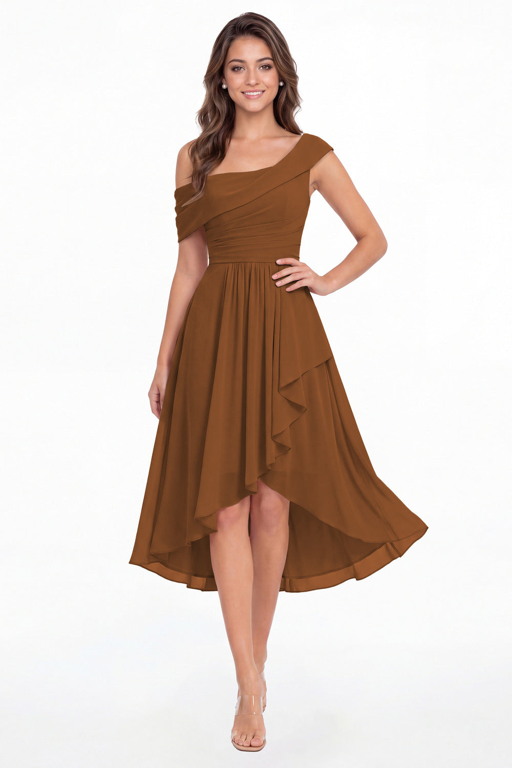 Burnt Orange One Shoulder Ruched Chiffon Midi Dress - Front View