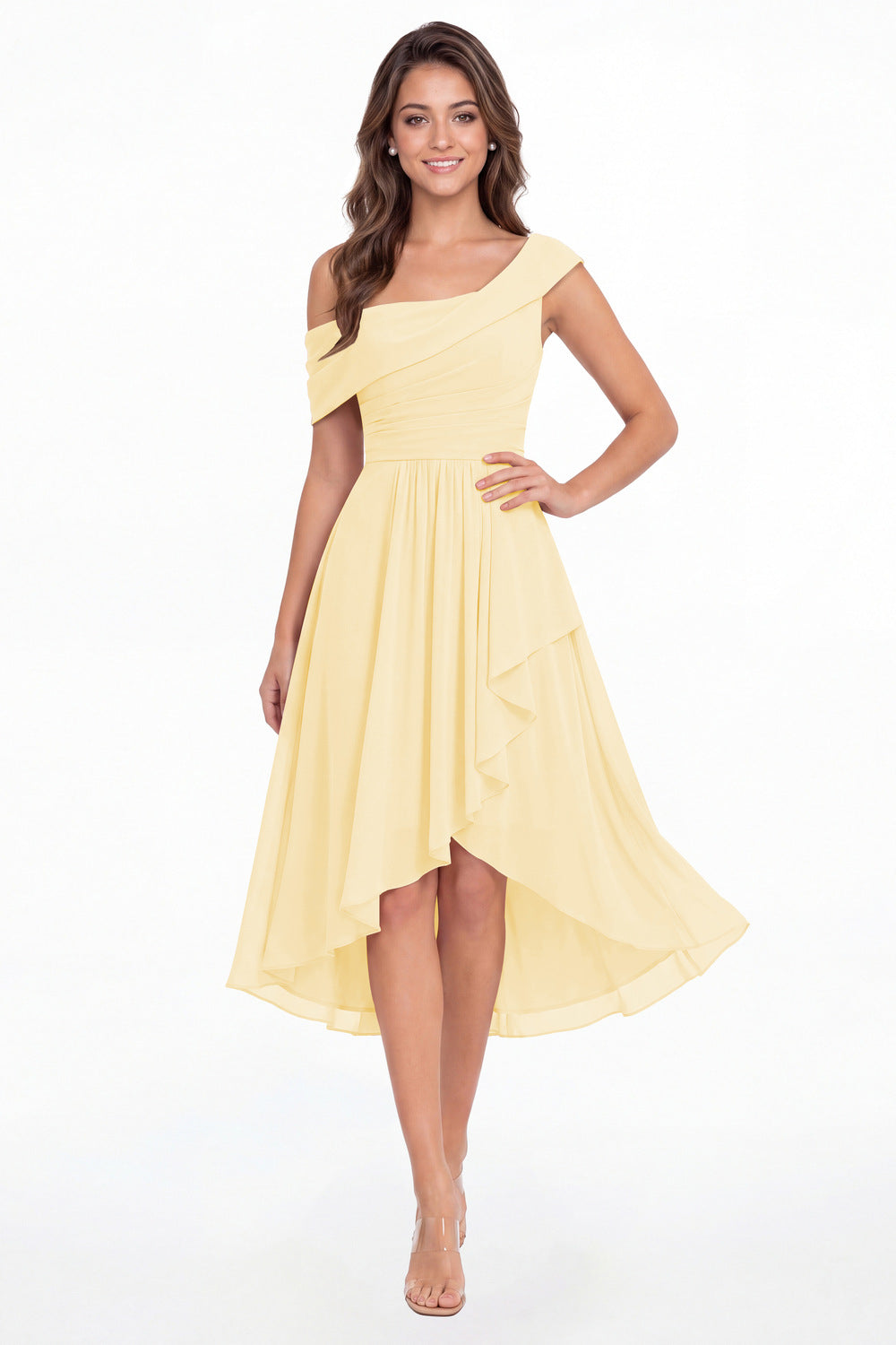 Butter Yellow One Shoulder Ruched Chiffon Midi Dress - Front View